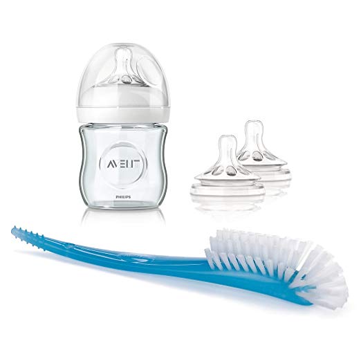 Philips Avent Natural Glass 4-oz. Bottle 1-Pack with Slow-Flow Nipple 2-Pack & Bottle and Nipple Brush