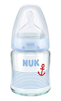 Nuk First Choice+ Glass Baby Bottle 120 ml Size 1 S (0-6 Months) with Anti-Colic Silicone Teat Blue