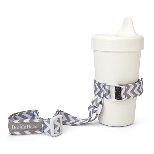 BooginHead - SippiGrip Sippy Cup and Bottle Holder, High Chair and Car Seat Universal Attachment Strap - Chevron, Gray and White