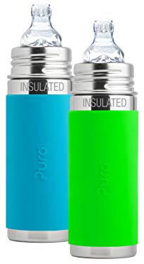 Pura Kiki Stainless Steel Vacuum Insulated Toddler Sippy Bottle, 9 Ounce, Set of 2, Green and Aqua