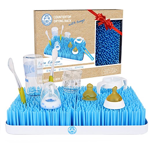 Baby Bottle Drying Rack, Large, Blue, Countertop Drainer Mat and Dryer Stand for Infant Dishes, Bottles and Accessories