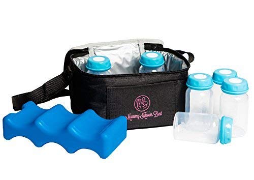 Breastmilk Cooler Bag Set For Nursing Mothers - Includes Baby Bottle Cooler Tote, (6) 5 oz Breast Milk Bottles, (6) Solid Lids, & Contoured Ice Pack for Insulated Storage - Blue