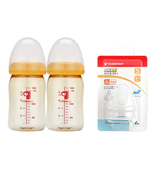 DoubleHeart Breastmilk Bottle Nipple Set PPSU Twin Pack 160ml + 2 Nipples (Nipple S)