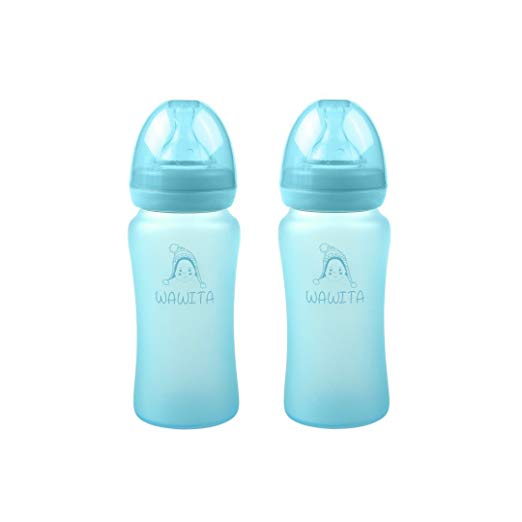 Wawita Glass Baby Bottle with Protective Silicone, Anti-Colic System and Soft Medical Breast-Like Silicone Nipple, Lightweight, BPA Free, Natural Breastfeeding Bottle, Medium Flow, Blue 8 oz, 2 Count