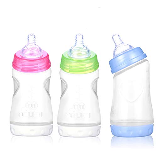 MUAI 3 Pack BPA Free Wide Neck Angled Feeding Bottle Set,8 Ounce,Medium Flow Nipple