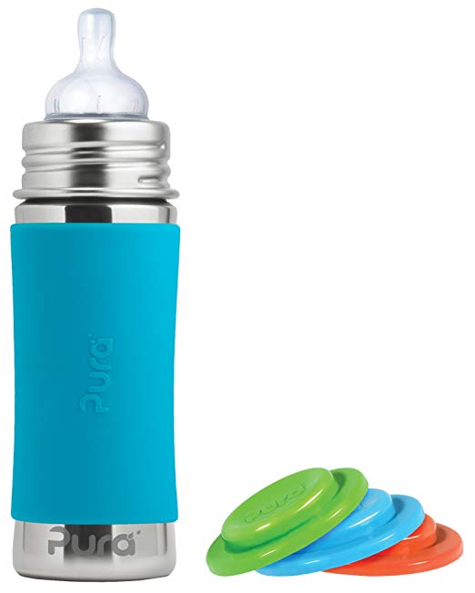 Pura Kiki Stainless Steel Infant Bottle with Aqua Silicone Sleeve, 11 Ounce, Plus Set of 3 Silicone Sealing Disks