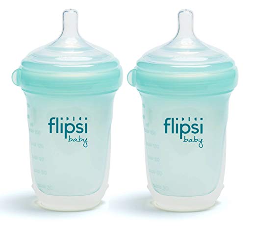 Flipsi Natural Silicone Baby Bottle | 8 oz - Natural, BPA-Free, Colic Reduction, Easy Clean, Dishwasher-Safe, 2 Count (Teal)