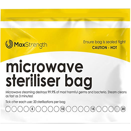 Premium Microwave Sterilizer Bags (20pcs) by Max Strength, Large & Durable Steam Bags for Baby Bottles, Soothers, Teethers & Training Cups, 20 Uses per Bag & Marking System