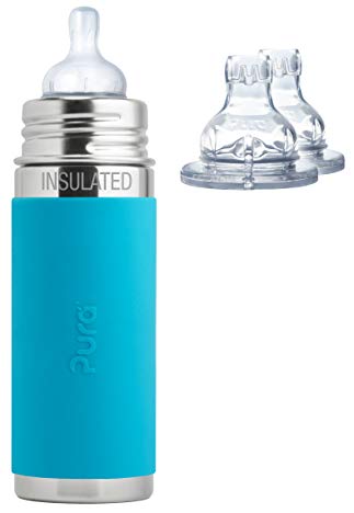 Pura Kiki Stainless Steel 9 Ounce Vacuum Insulated Infant Bottle plus 2 XL Sipper Spouts, Aqua