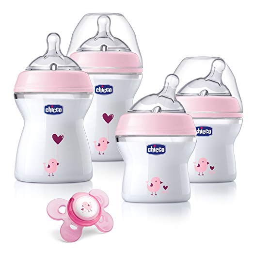 Chicco NaturalFit Newborn Gift Set - Pink Deco, 4 Pack Baby Bottle Set Plus Orthodontic Pacifier with Soft-flex Silicone Nipple