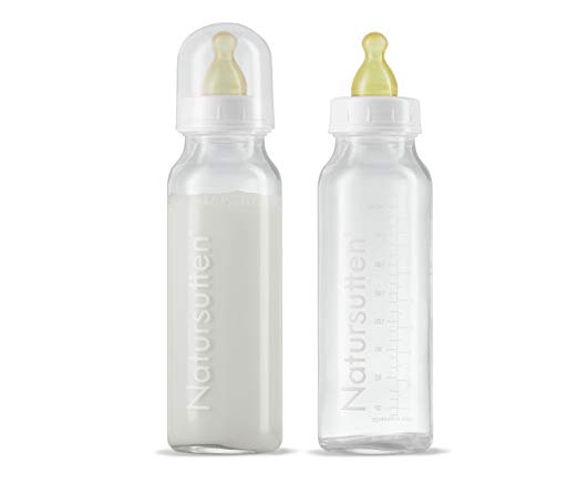 Natursutten Anti-Colic 8 oz Glass Baby Bottles with Newborn/Slow Flow Natural Rubber/Latex Nipples, 2 pack. Borosilicate glass made in France. Natural rubber made in Italy.