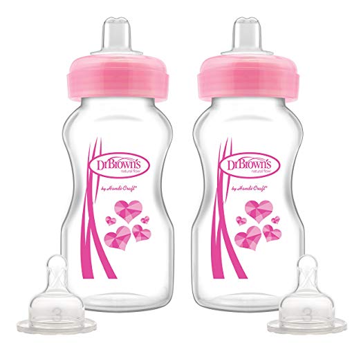 Dr. Brown's Wide-Neck Options Baby Bottles, 2-in-1 Transition Bottle Kit, 9 ounce, Pink, 2 Count