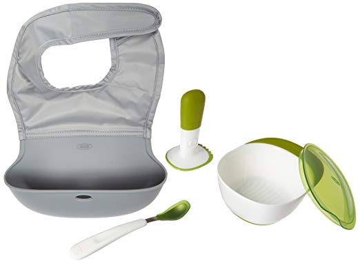 OXO Tot Mealtime On-the-Go Value Set with Roll-up Bib, Food Masher, and Feeding Spoon with Case