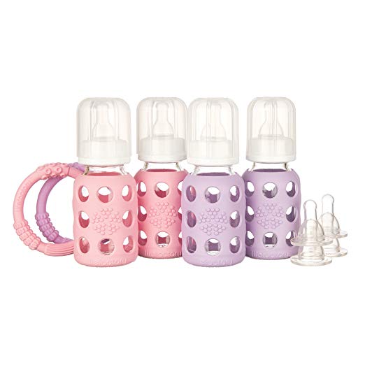 Lifefactory 4-Ounce BPA-Free Glass Baby Bottle and Protective Silicone Sleeve Starter Set, Pink and Lilac with 4 Baby Bottles, 2 Silicone Teethers, and 2 Nipple 2-Packs