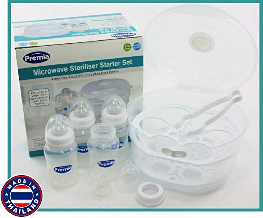 Premia Deluxe Microwave Steam Sterilizer Starter Set Includes 4 (8oz/250ml) Wide Neck Baby Bottles, 4 Silicone Nipples, Sterilizing Tongs & 2 Racks -Fits up to 6 Wide Neck or Standard Size Bottles