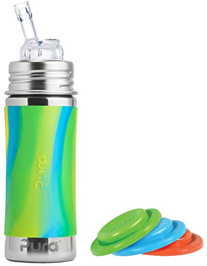 Pura Kiki Stainless Steel 11 Ounce Bottle with Silicone Straw, Aqua Swirl, Plus Set of 3 Silicone Sealing Disks