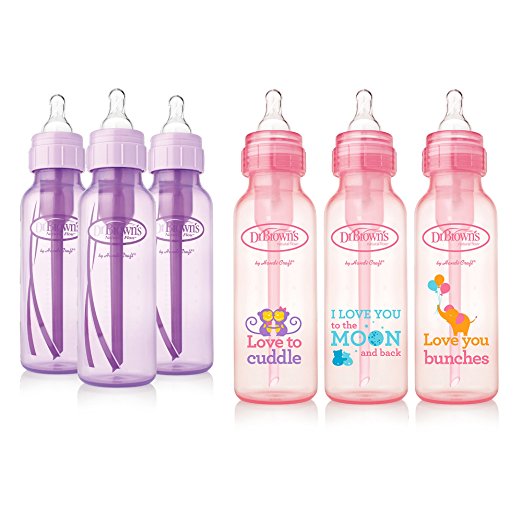 Dr. Brown's Baby Bottles Girls 6 Pack - 3 (8 oz) Lavender and 3 (8 oz) Pink bottles with new print