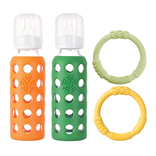 Lifefactory BPA-Free Baby Bundle Gift Set with 2 9-Ounce Glass Baby Bottles and 2 Silicone Teethers, Orange and Grass Green