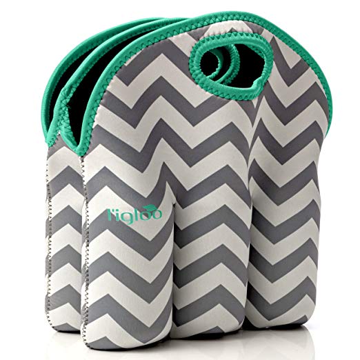 Neoprene 6 Pack Bottle Carrier, Extra Thick Insulated Baby Bottle Cooler Bag Keeps Baby Bottles Cold or Warm Great as Baby Shower Gift (gray chevron aqua trim)